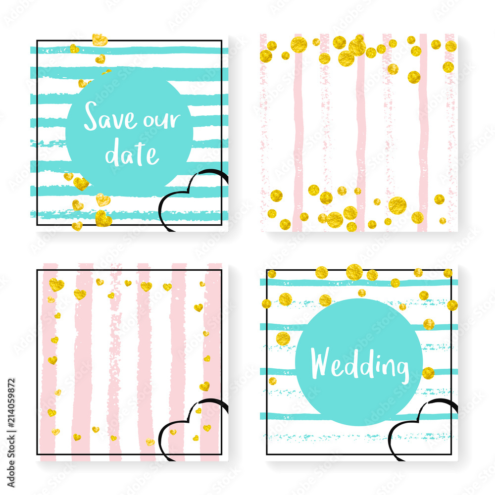 Wedding invite set with glitter confetti and stripes. Gold hearts and dots on pink and mint background. Design with wedding invite set for party, event, bridal shower, save the date card.