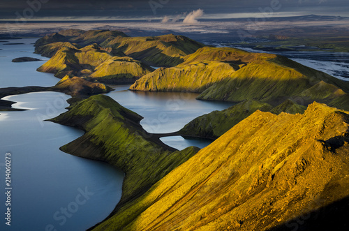 View from Sveinstindur mountain on Lake Langisjor, behind the Vatnajokull glacier, Highlands Region, Iceland, Europe photo