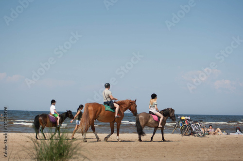 people on horses on beach walk summer day