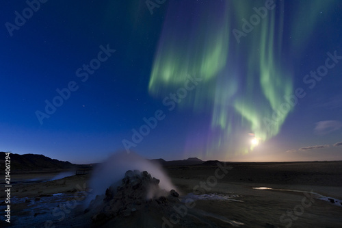 Northern lights, full moon, solfatara, fumaroles, sulphur and other minerals, steam, Hverarond high temperature or geothermal area, Namafjall mountains, Myvatn area, Northeastern Region, Iceland, Europe photo