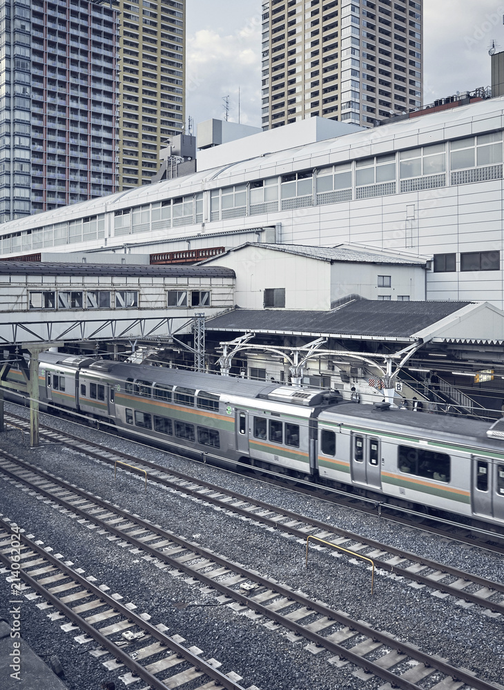 Commuter electric train in Tokyo stopped in a train station. It operates between capital and surroundings