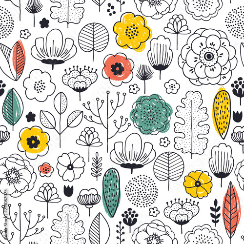 Summer flower seamless pattern. Linear graphic. florals background. Scandinavian style. Vector illustration