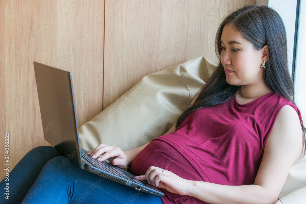 Pregnant woman working with her laptop/notebook at home. Pregnant woman working with her laptop/notebook at home.