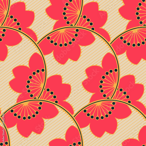 asian seamless pattern with scales of cherry flowers in red and ivory
