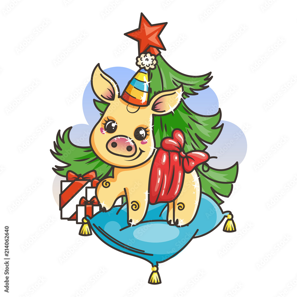Naklejka premium Happy New 2019 Year card with cartoon golden baby pig. Small symbol of holiday.