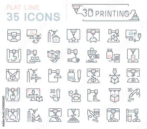 Set Vector Line Icons of 3D printing.