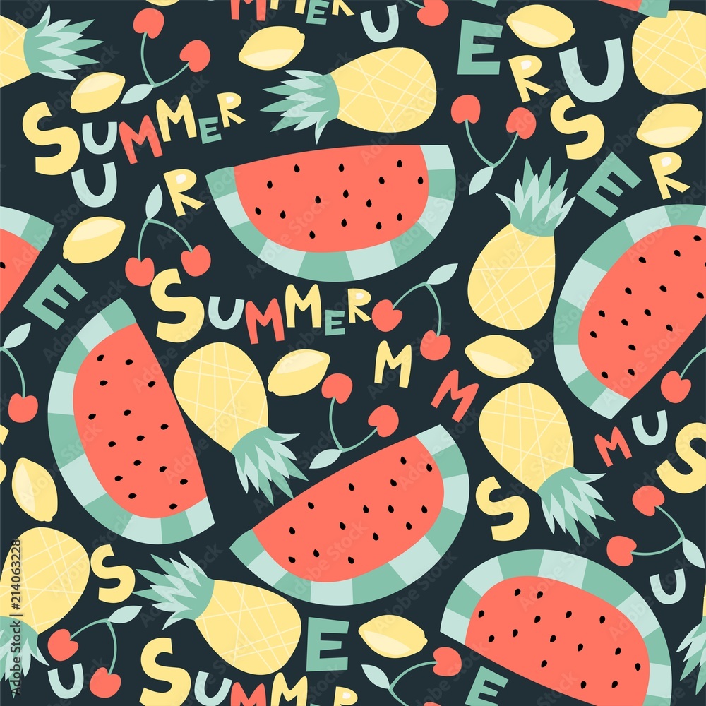 Seamless vector pattern with watermelon and pineapple. Summer stylish print.