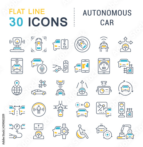 Set Vector Line Icons of Autonomous Car.