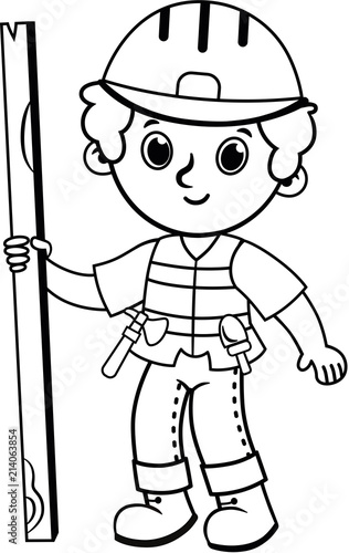 Clip art of black and white construction worker. Vector illustration.