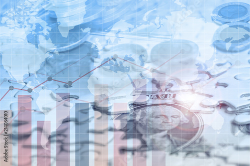 The double exposure image of Missing jigsaw puzzle pieces on money dollar background and Many coins, Business solution concept ,key for success