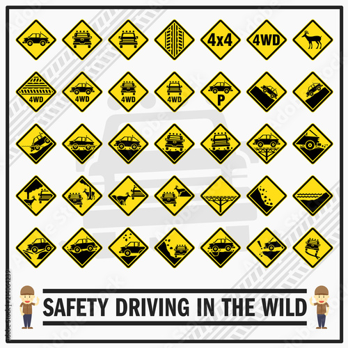 Set of safety signs and symbols for safety driving in the wild. Safety signs use to remind drivers to be aware while driving in the wild. 4WD offroad signs.