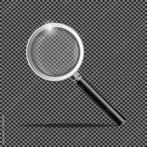 Photo-realistic vector 3d black magnifying glass or Loup icon closeup isolated on transparency grid background. Design template for graphics