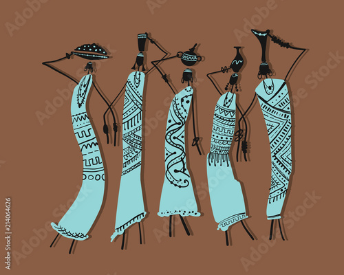 African women with jugs, ornate sketch for your design