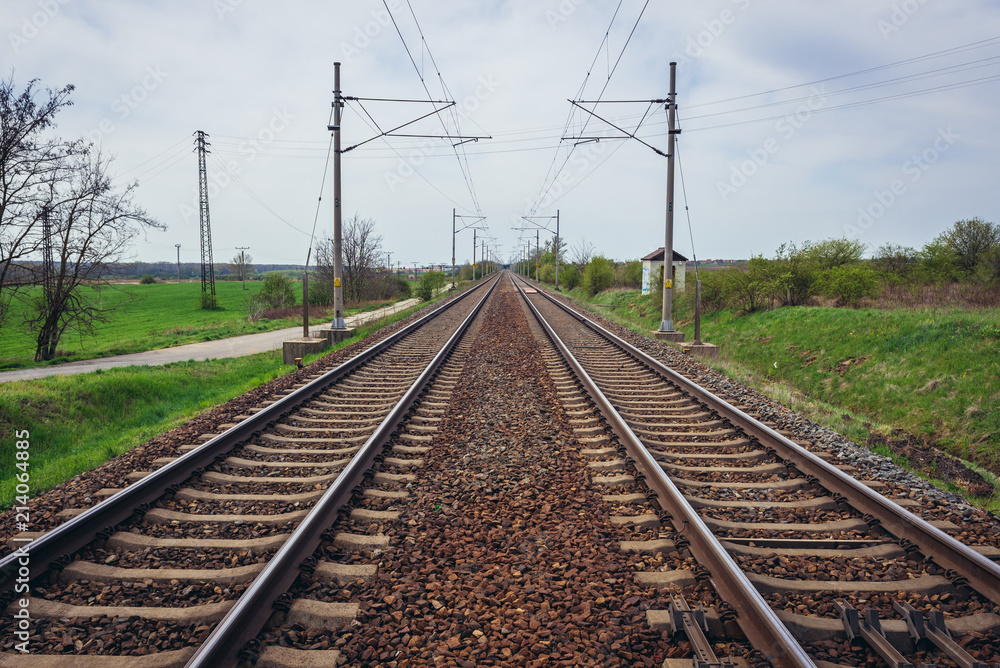 Railroad tracks in Mikulcice, small town in Czech Republic