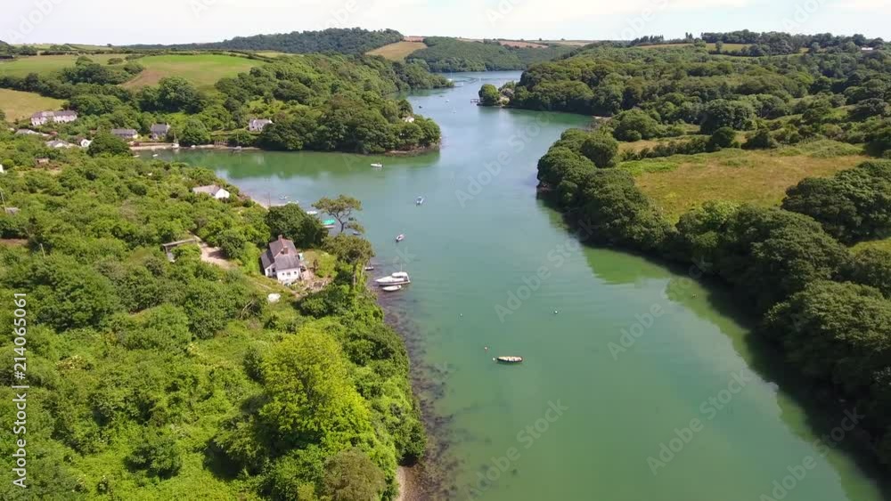 Cornwall Aerial over the Fal River at Cowlands Creek and Roundwood quay in summer with amazing sunshine. Cornwall Aerial over the Fal River at Cowlands Creek and Roundwood quay in summer with amazing sunshine.