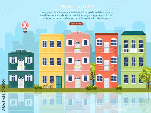 Venice cityscape Vector. Colorful architectural facades cartoon backgrounds