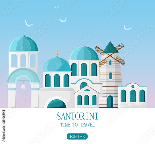 Santorini Greece architecture facades Vector. Travel banner with white and blue houses background