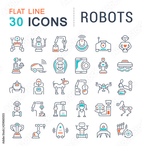 Set Vector Line Icons of Robots.