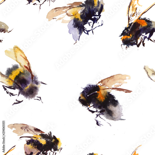 Watercolor bees seamless pattern isolated on white background. hand drawn watercolor illustration
