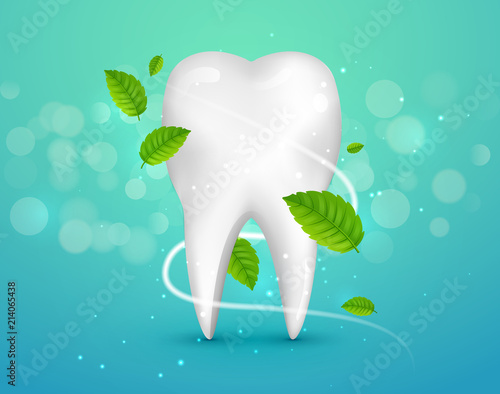 Whitening tooth ads, with mint leaves on green background. Green mint leaves clean fresh concept. Teeth health