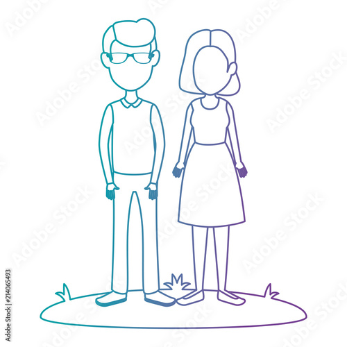 young couple in grass avatars characters vector illustration design