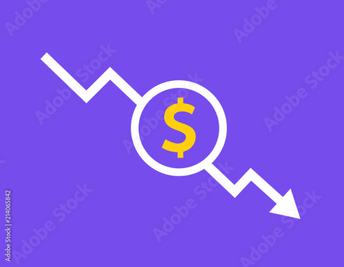 Cost reduction icon dollar. Price decrease arrow symbol. business sale sign illustration