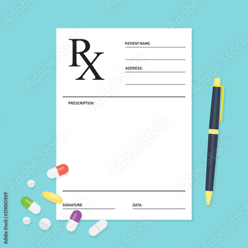Empty medical prescription Rx form with pills photo