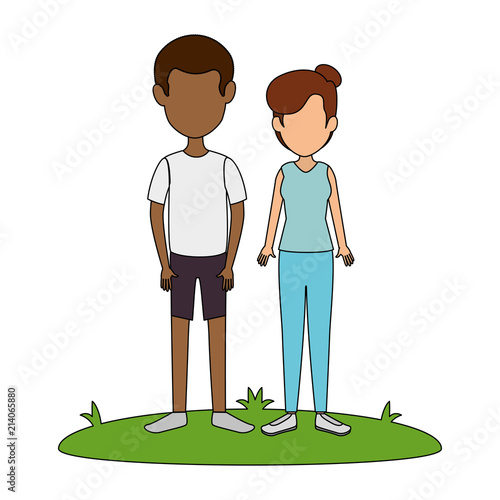 young couple in grass avatars characters vector illustration design