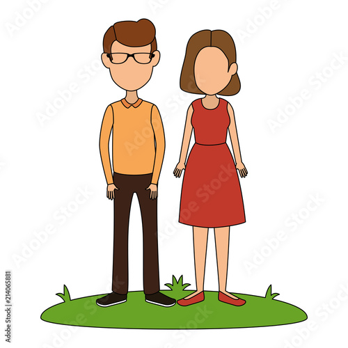 young couple in grass avatars characters vector illustration design