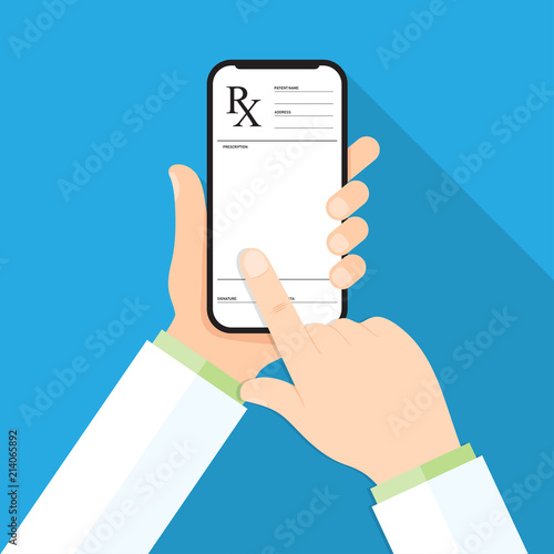 Doctor's hand holding a smartphone with rx prescription on a display
