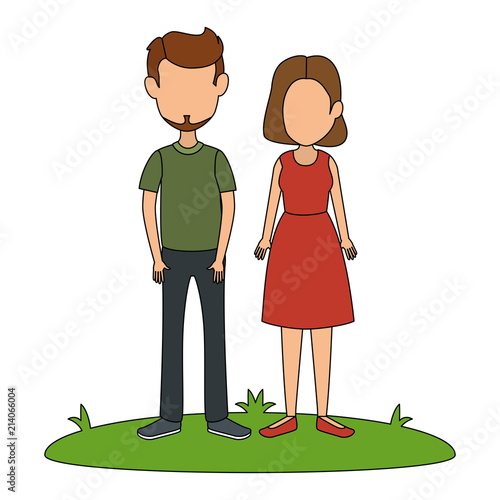 young couple in grass avatars characters vector illustration design