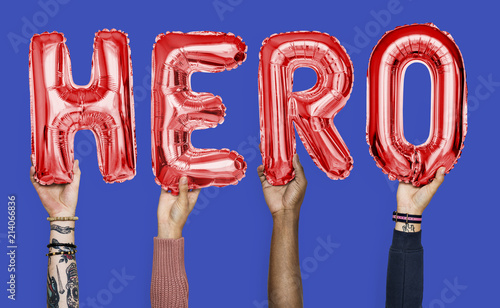 Hands showing hero balloons word