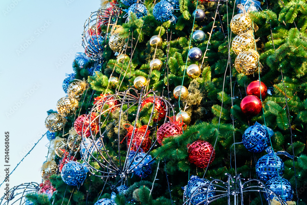 Beautiful Christmas decorations hanging on Christmas tree