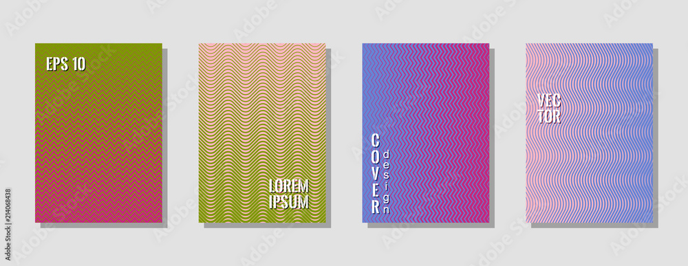 Tech  blue pink green zig zag banner templates, wavy lines gradient stripes backgrounds for educational cover. Curve shapes stripes, zig zag edge lines halftone texture gradient prints collection.