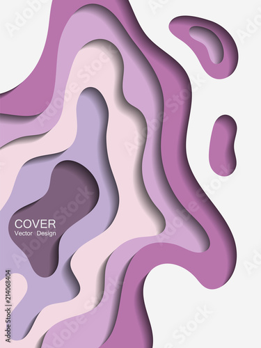 Vector paper cut layout design for presentation, flyer, poster. 3D abstract background with violet papercut shapes. Vertical paper cutout template for banner, brochure cover, booklet design.