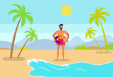 Man in Trunks with Inflatable Ring on Tropic Beach