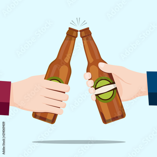People celebrating with beer bottles and blue background