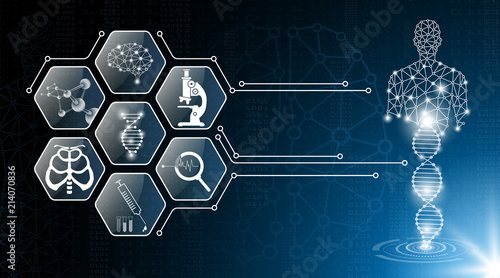 abstract background technology concept in blue light,brain and human body heal ,technology modern medical science in future and global international medical with tests analysis clone DNA human
