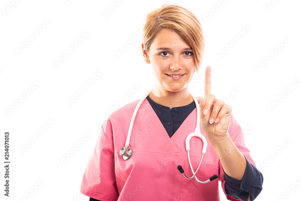 Portrait of female vet showing number one gesture.