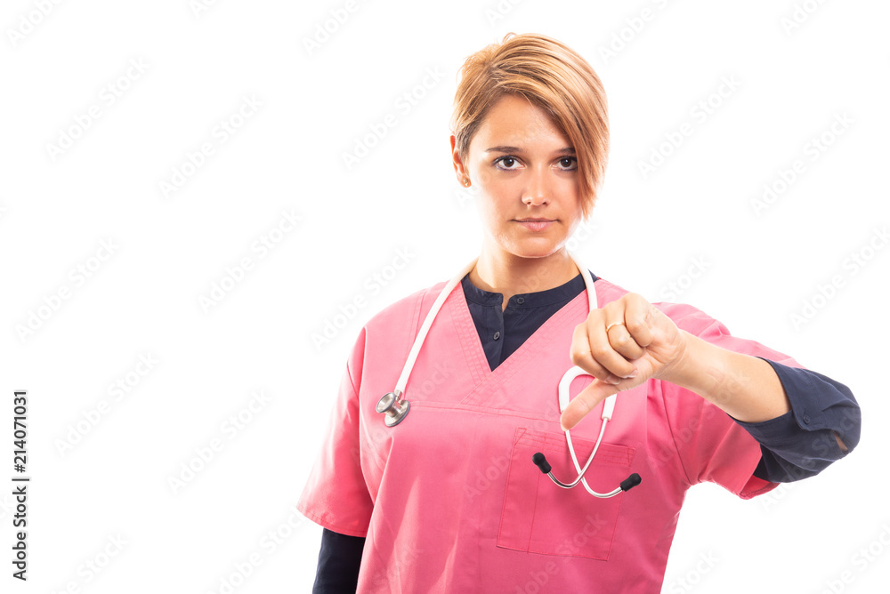 Portrait of female vet showing thumb down gesture. Portrait of female vet showing thumb down gesture.