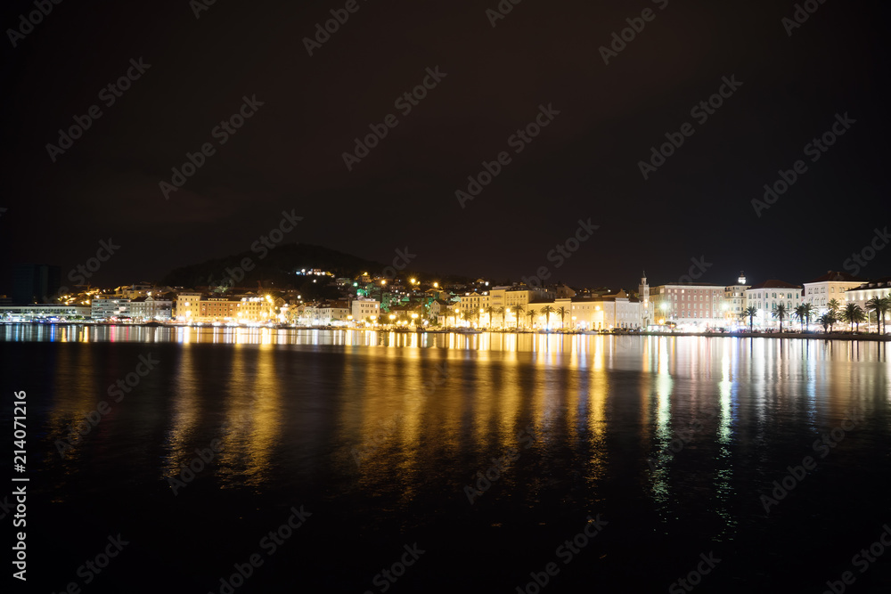 Beautiful view on the old town and Marjan park in Split, Croatia at night.