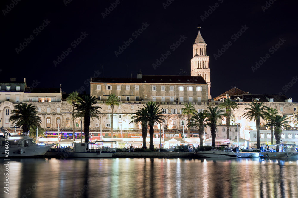 Beautiful view of the old town Split in Croatia at night.