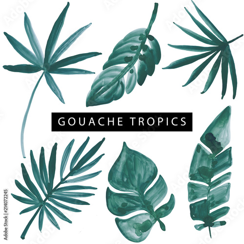 Fotografie Hand drawn gouache styled illustration of beacn and tropical leaves