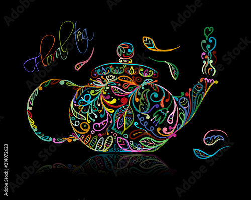 Teapot sketch with floral tea for your design