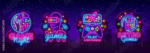 Video Games logos collection neon sign Vector design template. Conceptual Vr games, Retro Game night logo in neon style, gamepad in hand, modern trend design, light banner. Vector Billboard