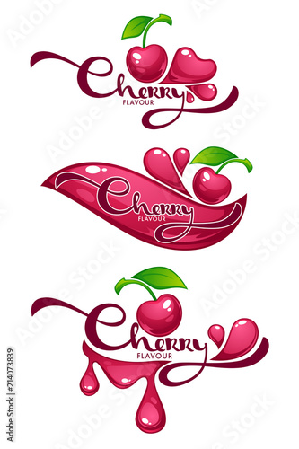 Cherry Flavour, vector collection of shine and glossy juice stickers and cherry berry symbols for your text