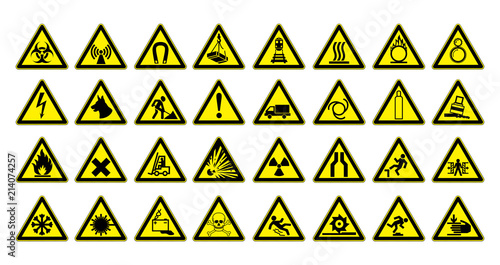 Warning signs large set. Safety in workplace. Yellow triangle with black image. Vector illustration.