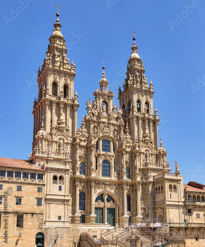Facade of historic Santiago de Compostela cathedral in Spain.