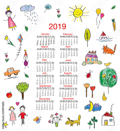 Funny calendar 2019 with kids drawings for children. Vector graphic illustration