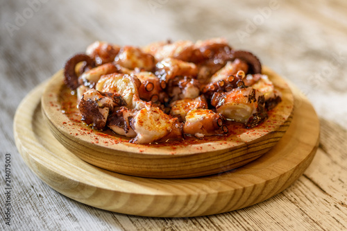 Galician style octopus dish, classic Spanish tapas dish.